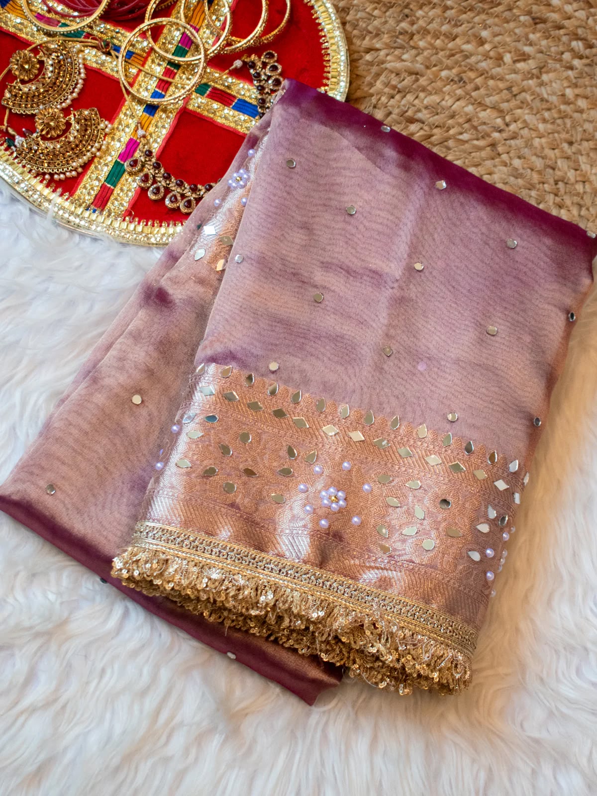 Mirror Work Soft Tissue Silk Banarasi Saree With Lace Attached