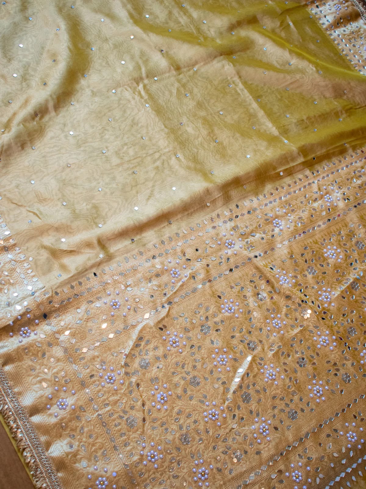 Mirror Work Soft Tissue Silk Banarasi Saree With Lace Attached