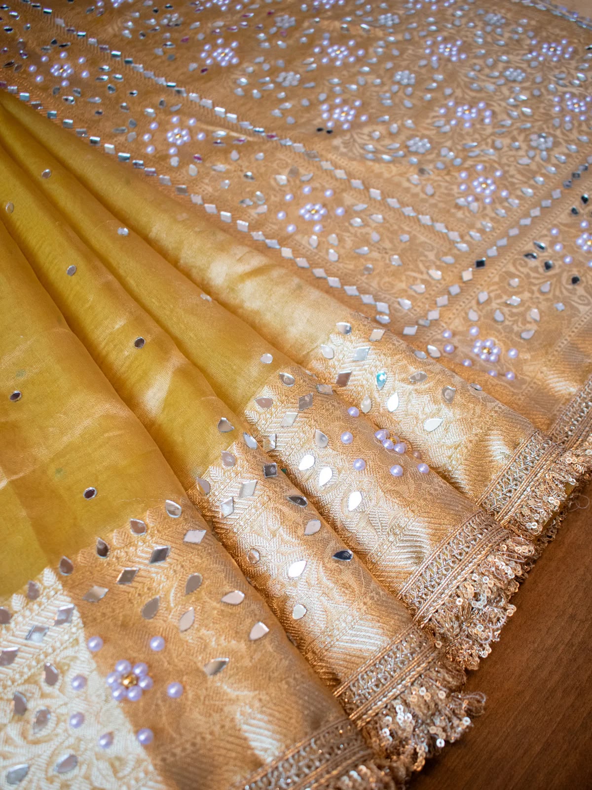 Mirror Work Soft Tissue Silk Banarasi Saree With Lace Attached