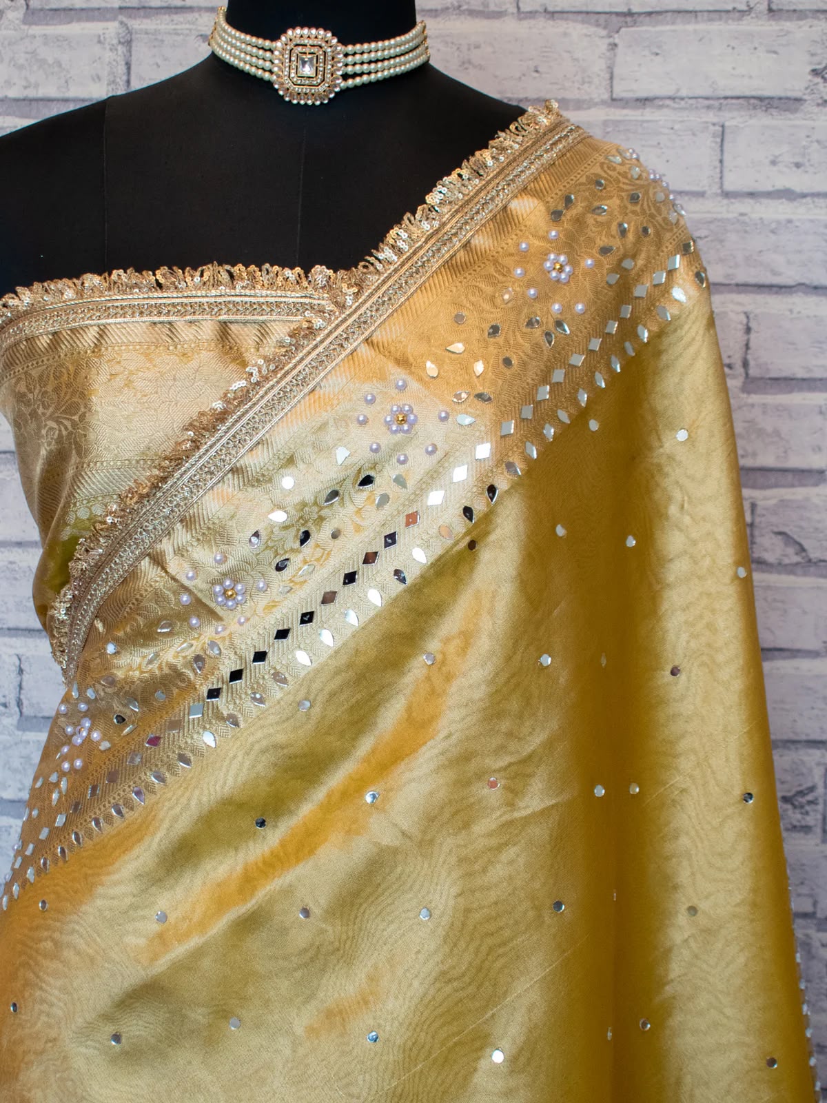 Mirror Work Soft Tissue Silk Banarasi Saree With Lace Attached