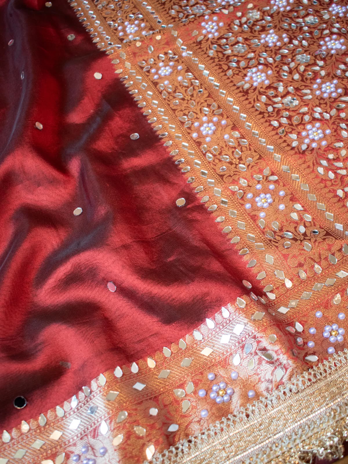 Mirror Work Soft Tissue Silk Banarasi Saree With Lace Attached