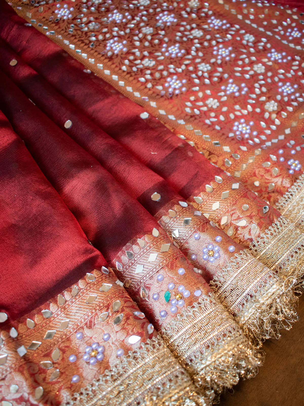 Mirror Work Soft Tissue Silk Banarasi Saree With Lace Attached