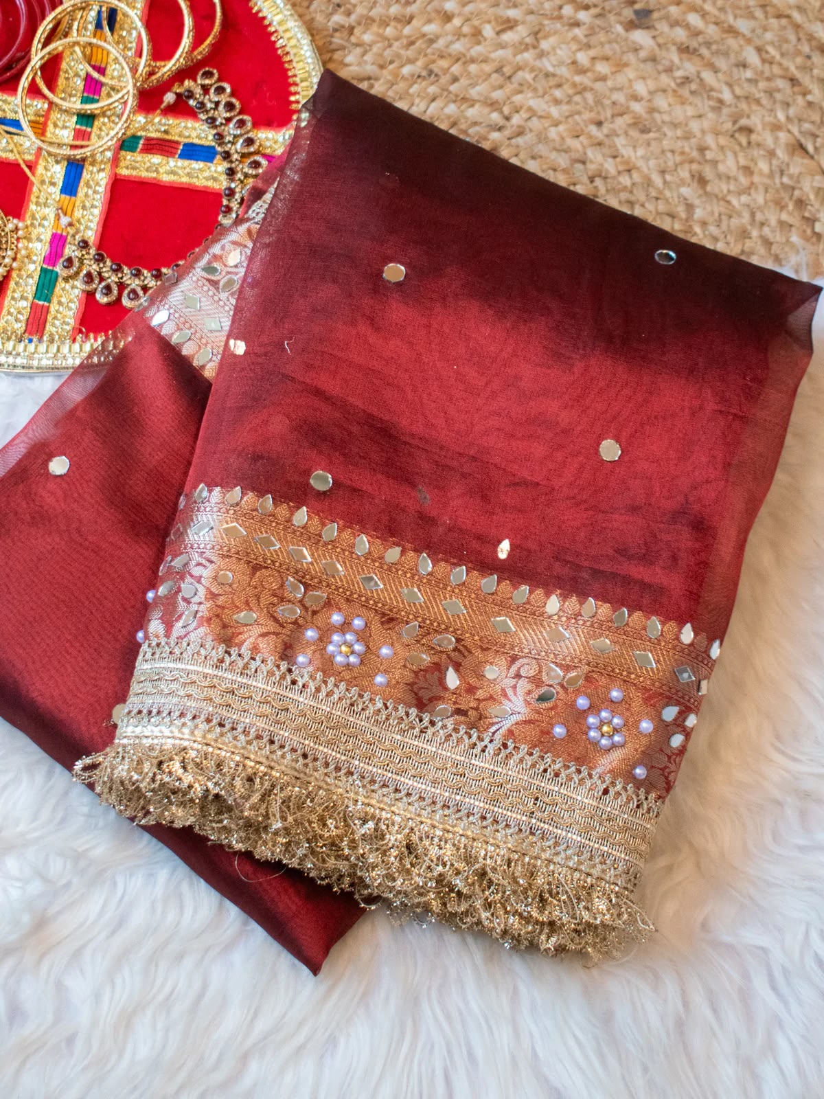 Mirror Work Soft Tissue Silk Banarasi Saree With Lace Attached