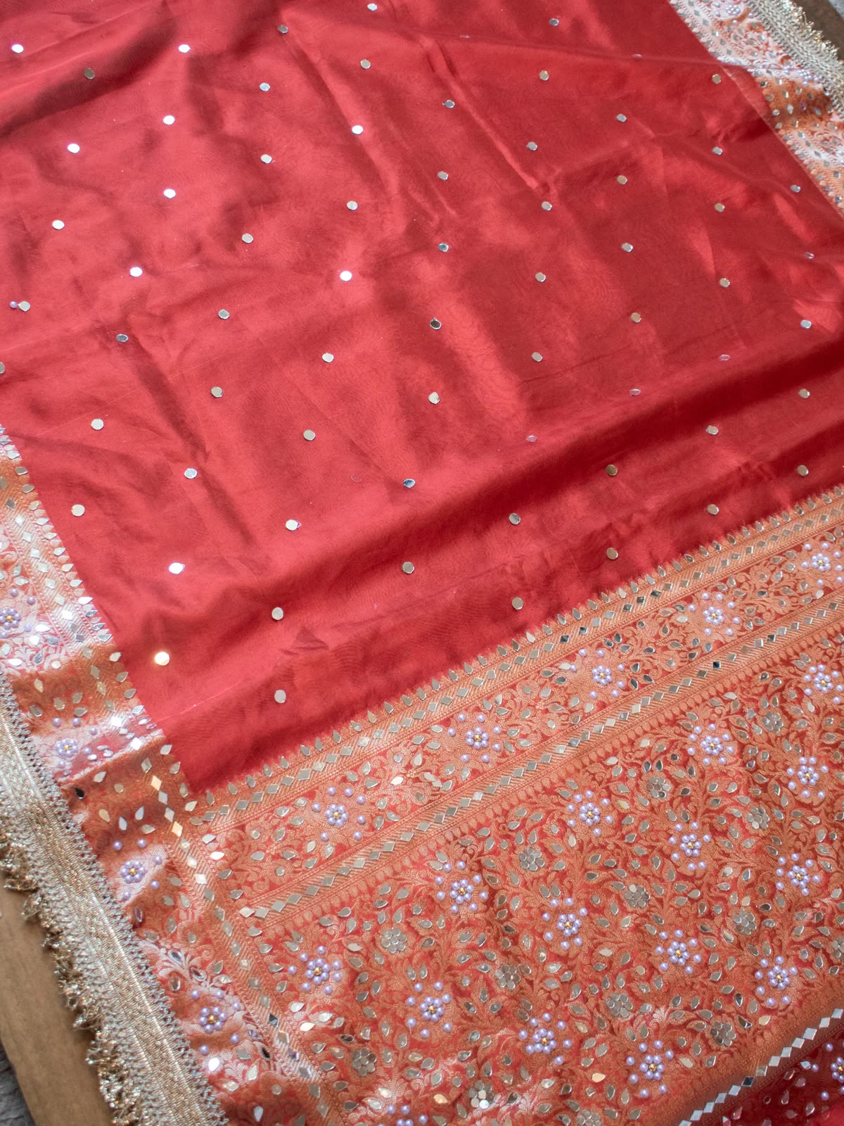 Mirror Work Soft Tissue Silk Banarasi Saree With Lace Attached