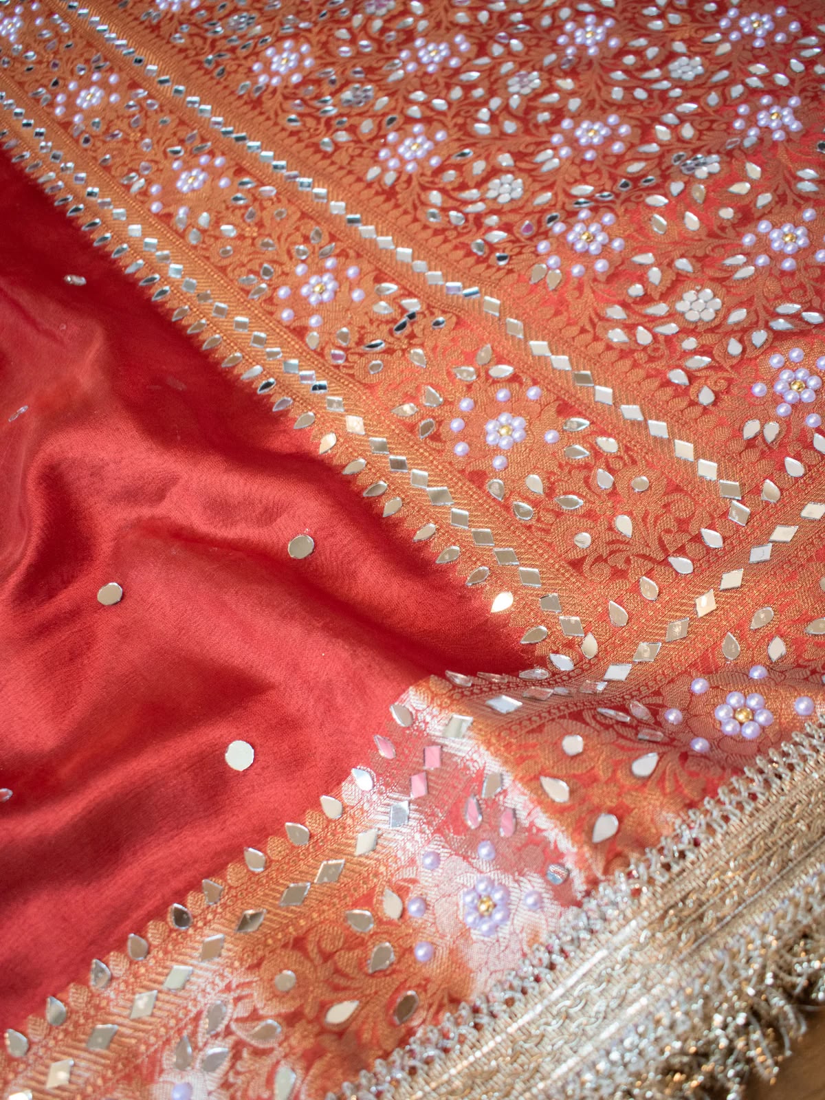 Mirror Work Soft Tissue Silk Banarasi Saree With Lace Attached