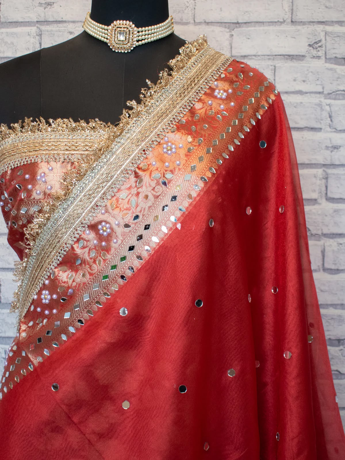 Mirror Work Soft Tissue Silk Banarasi Saree With Lace Attached
