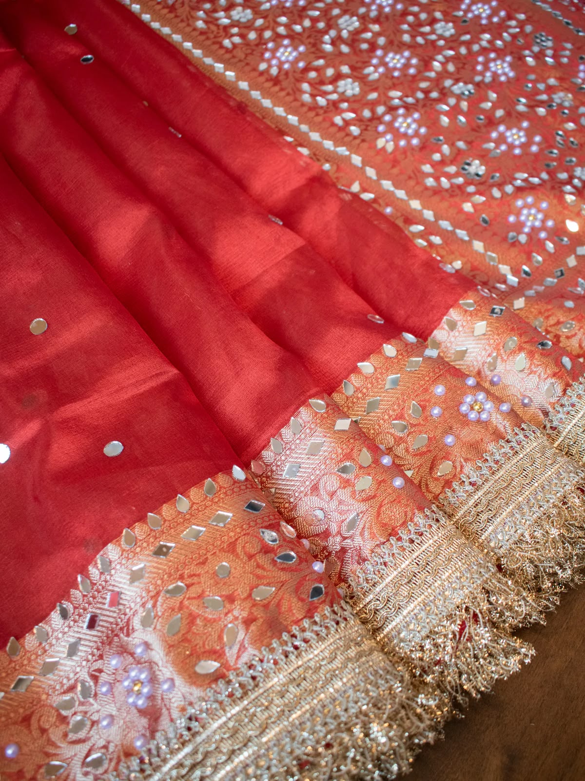 Mirror Work Soft Tissue Silk Banarasi Saree With Lace Attached