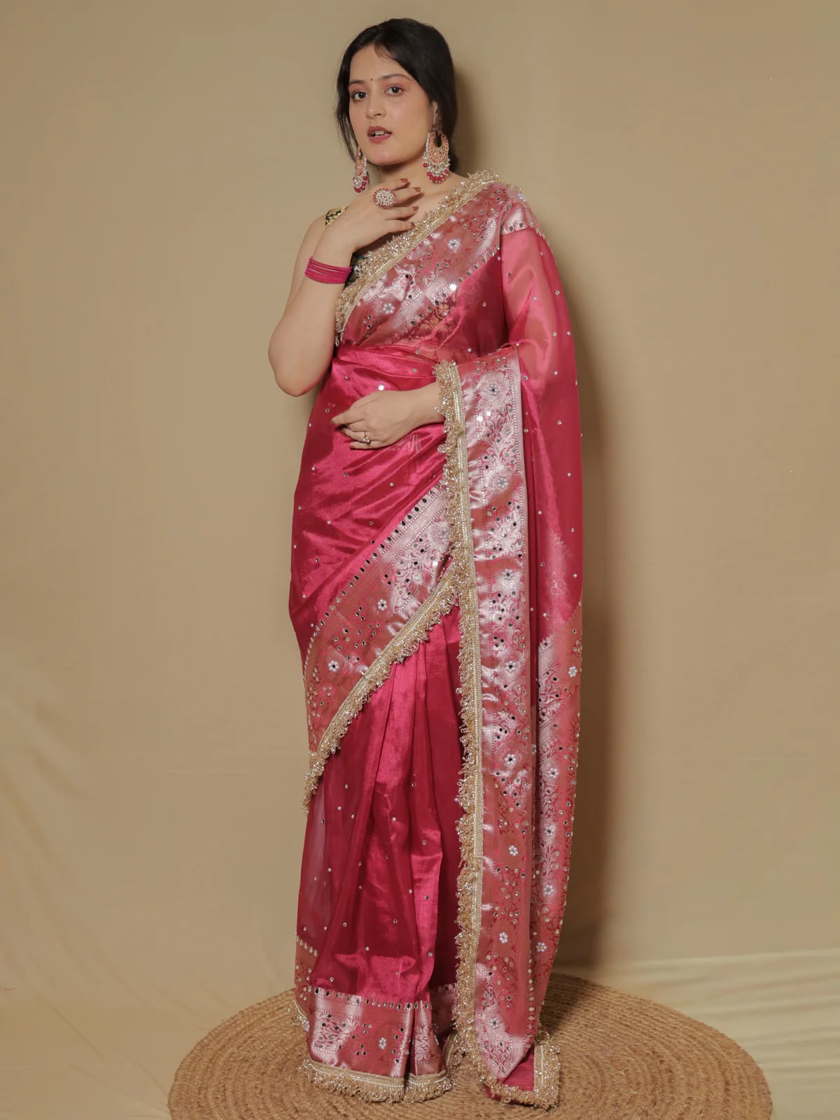 Mirror Work Soft Tissue Silk Banarasi Saree With Lace Attached
