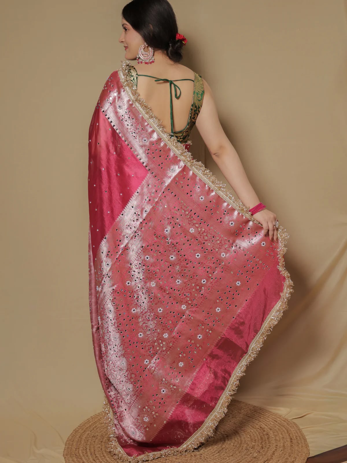 Mirror Work Soft Tissue Silk Banarasi Saree With Lace Attached