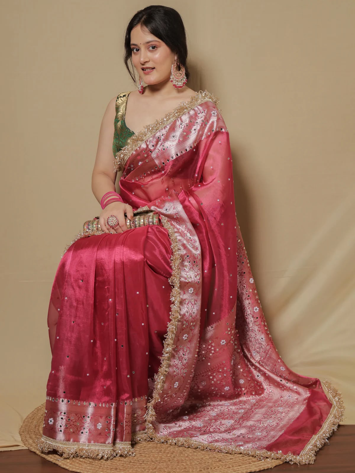 Mirror Work Soft Tissue Silk Banarasi Saree With Lace Attached
