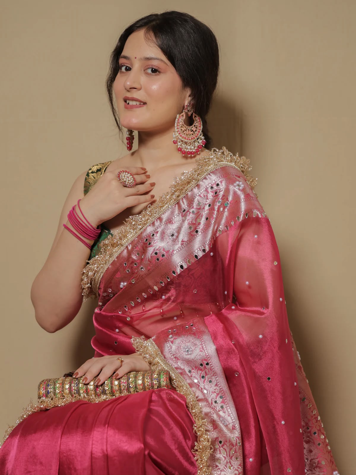Mirror Work Soft Tissue Silk Banarasi Saree With Lace Attached