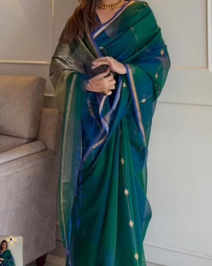 BEAUTIFUL PREMIUM MAHESHWARI HANDLOOM SILK BY COTTON SAREE WITH ELEGANT GOLDEN ZARI BORDER & ALL-OVER ZARI BUTI