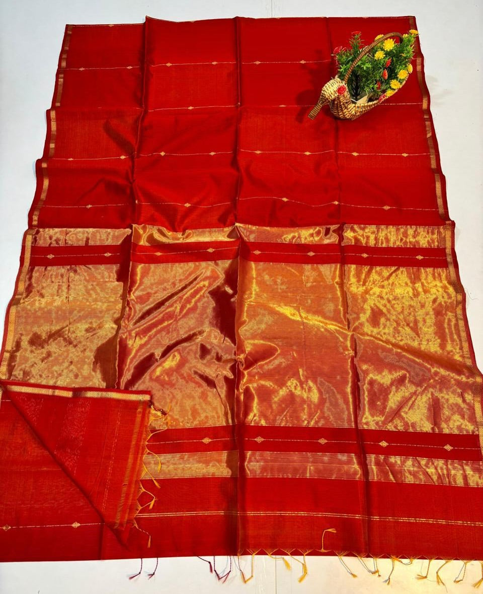 Maheshwari Handloom Silk By Cotton Golden Jari Border Lotus Buta Saree