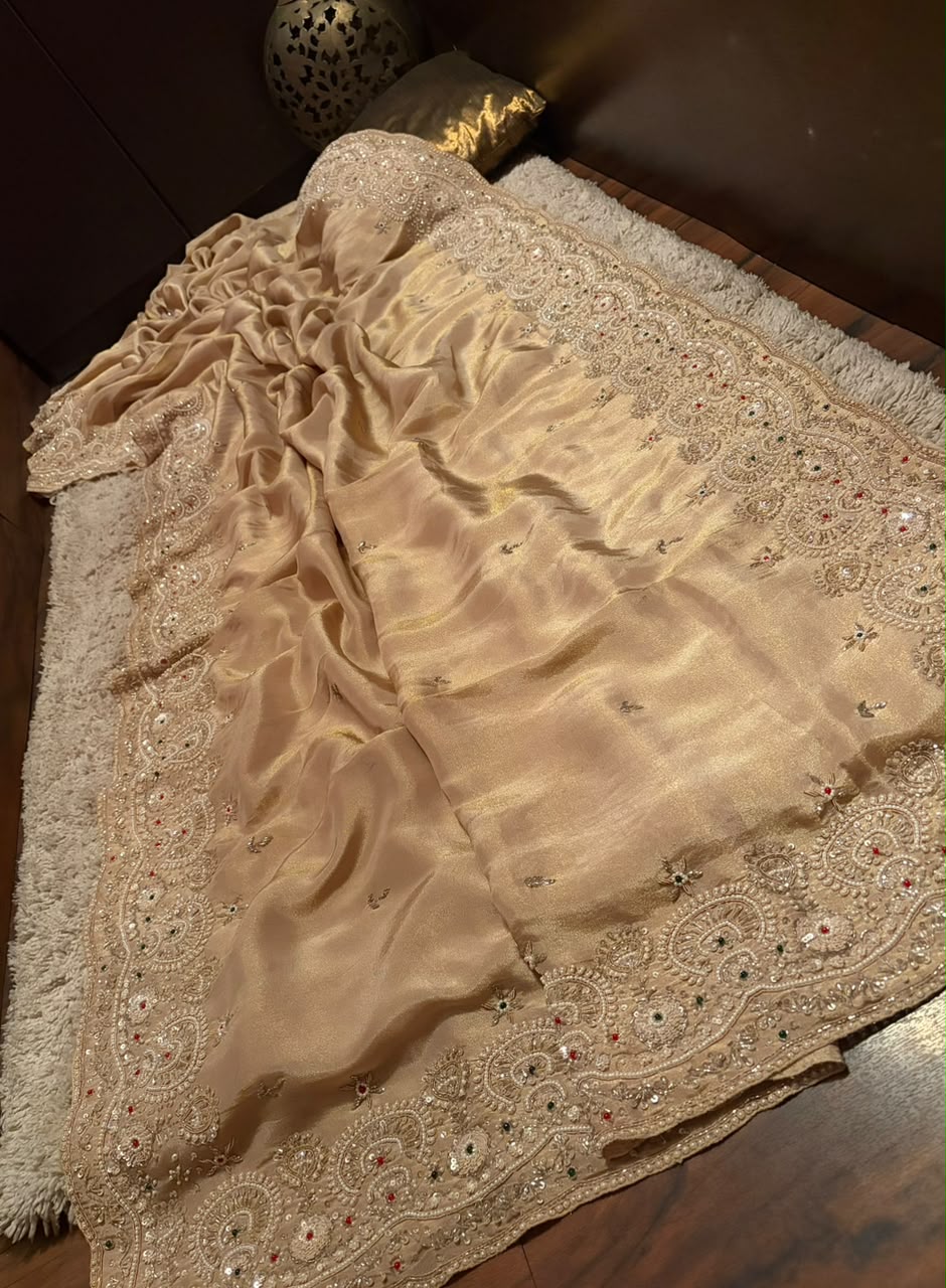 Pure Kanchipuram Zari Tissue Silk Saree with Intricate Zardozi Handwork