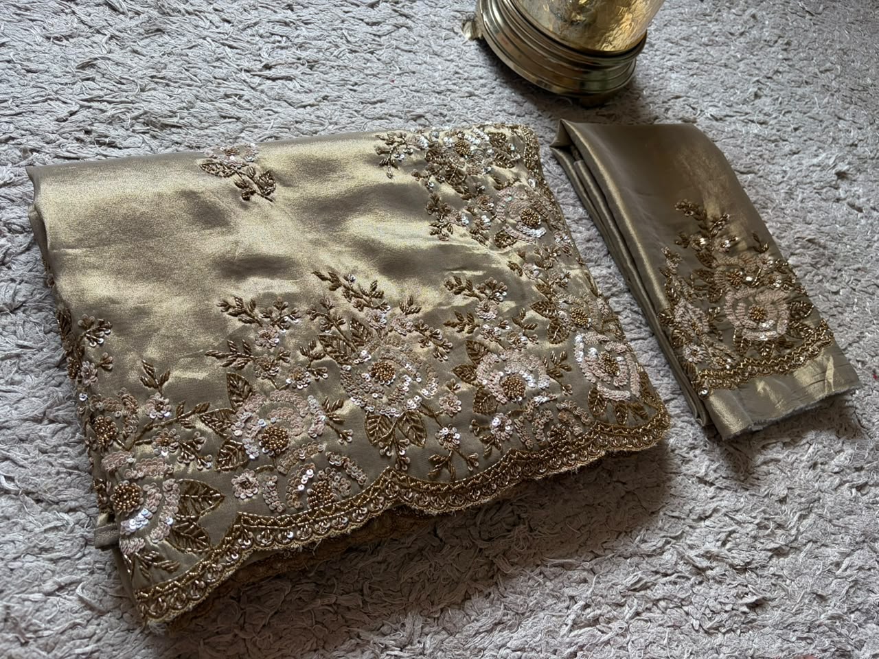 Premium Pure Kanchipuram Zari Tissue Silk Saree with Heavy Sequins & Cut Dana Handwork