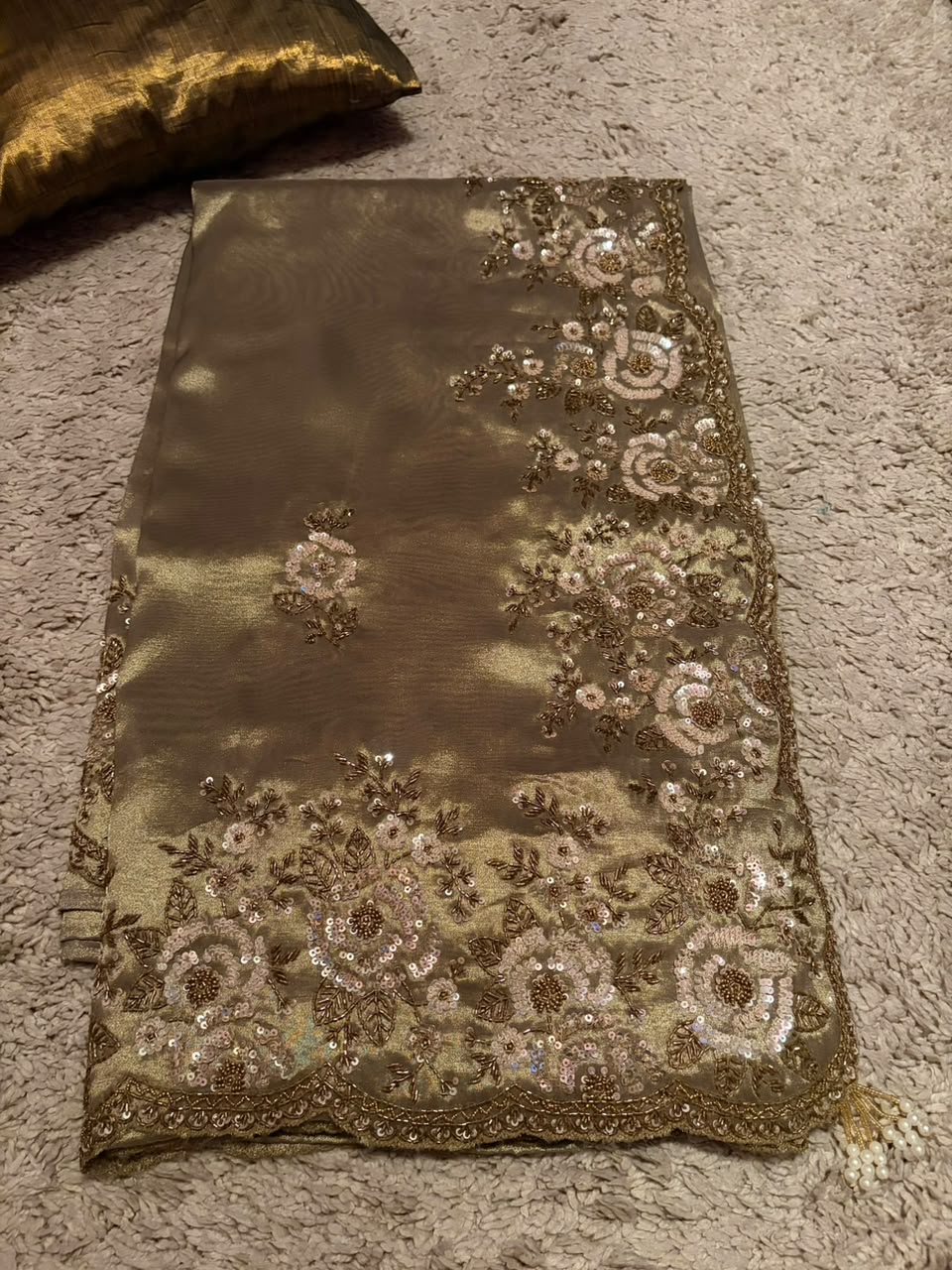 Premium Pure Kanchipuram Zari Tissue Silk Saree with Heavy Sequins & Cut Dana Handwork