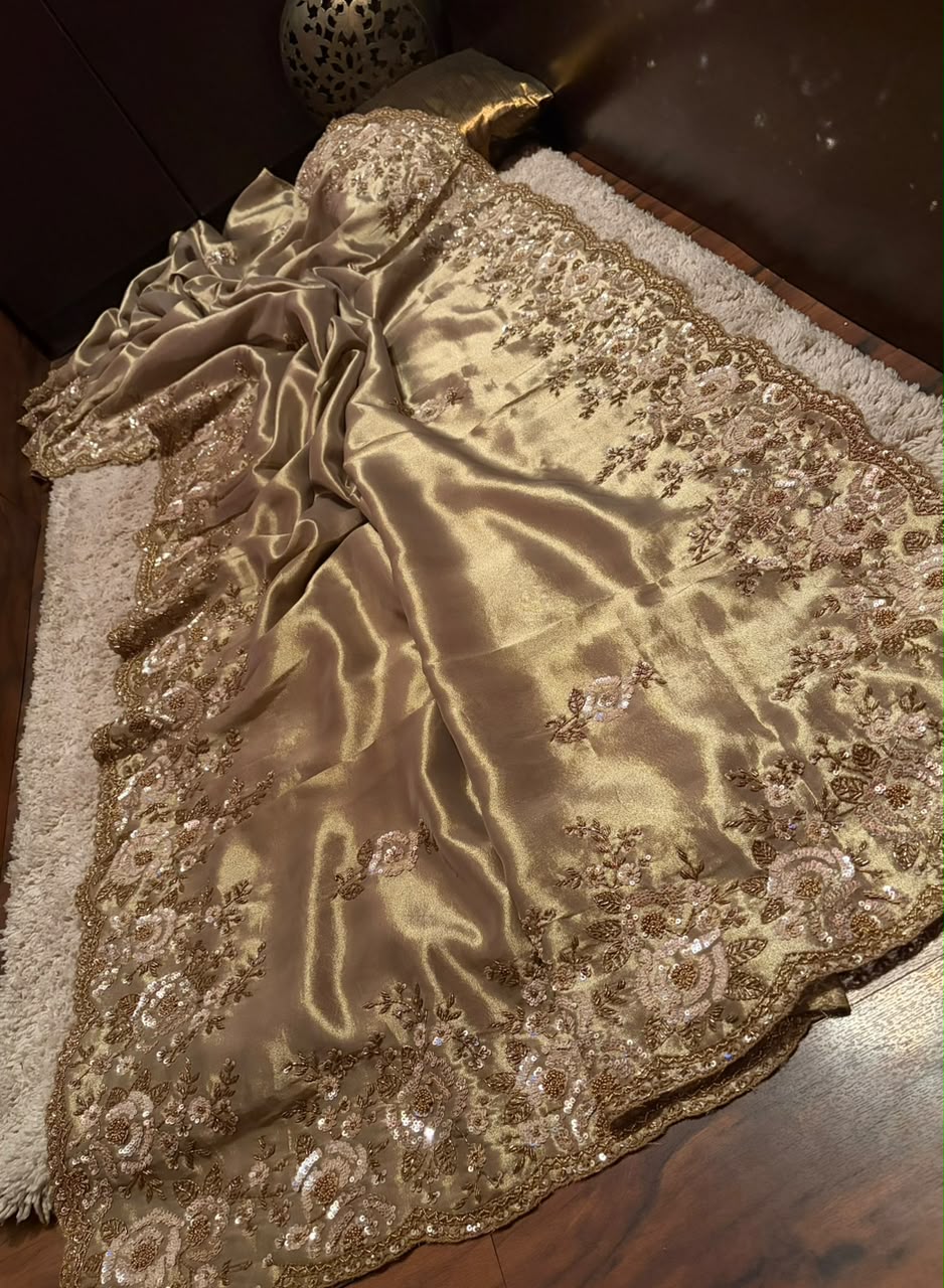 Premium Pure Kanchipuram Zari Tissue Silk Saree with Heavy Sequins & Cut Dana Handwork