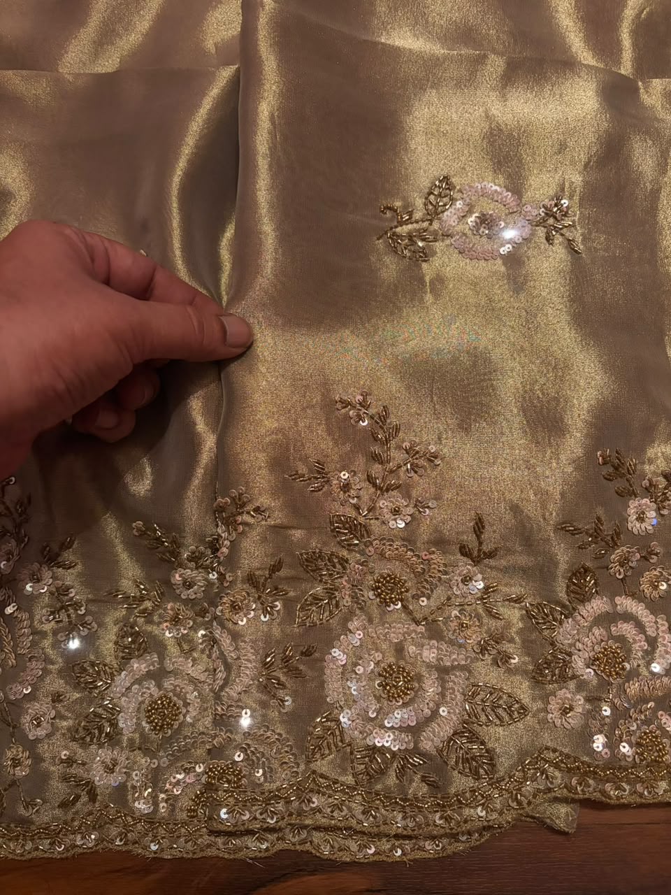 Premium Pure Kanchipuram Zari Tissue Silk Saree with Heavy Sequins & Cut Dana Handwork