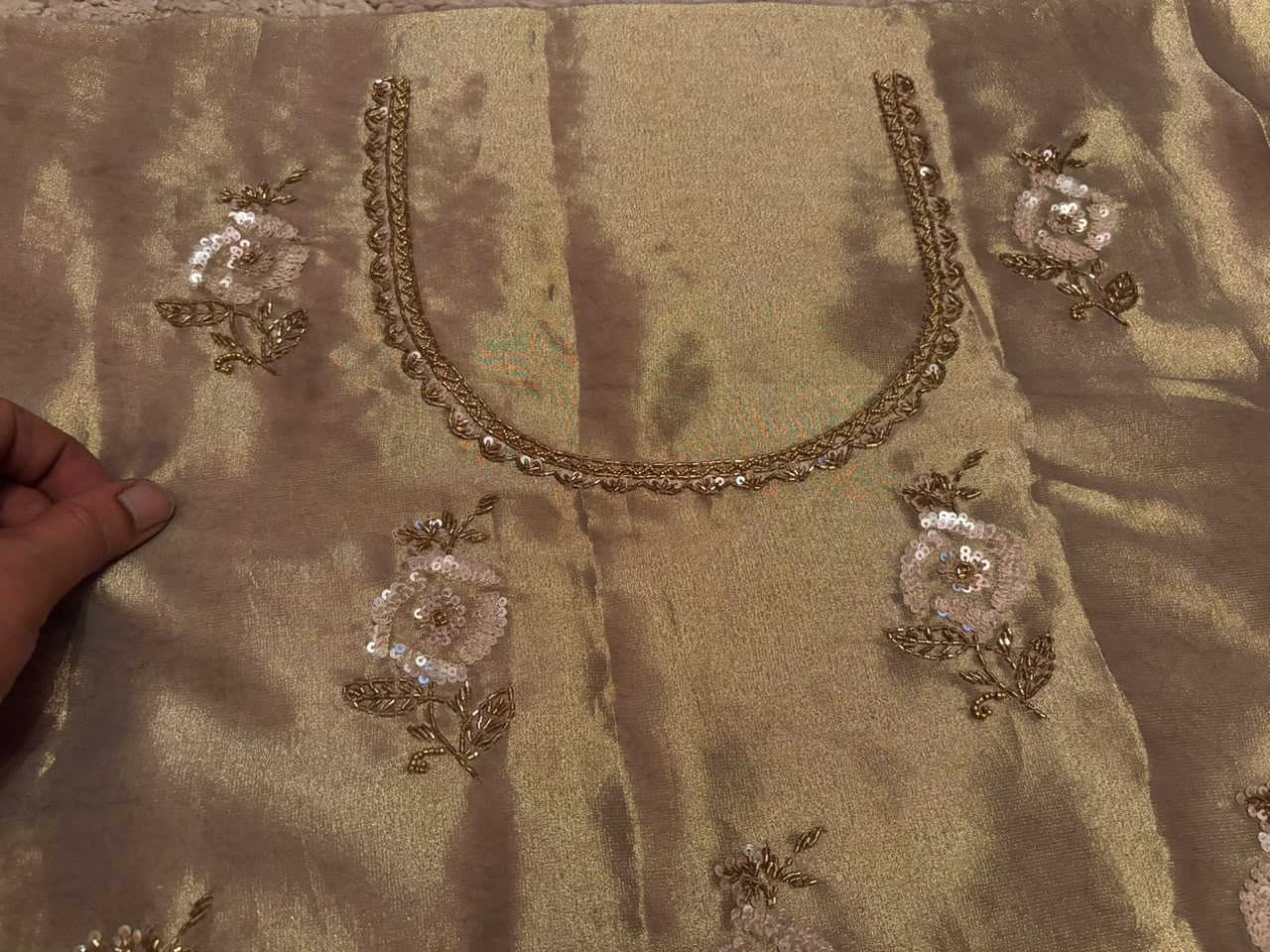 Premium Pure Kanchipuram Zari Tissue Silk Saree with Heavy Sequins & Cut Dana Handwork