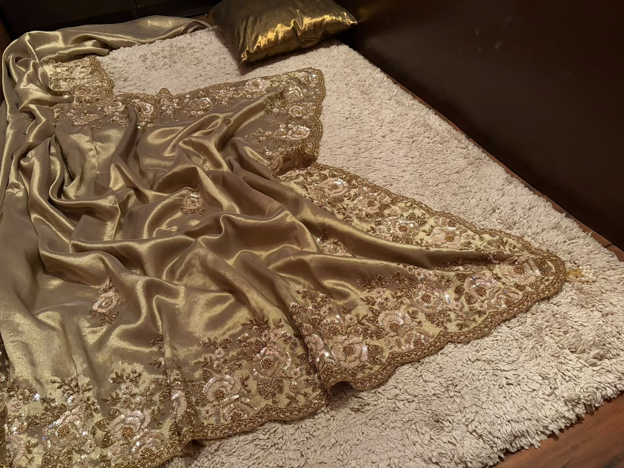 Premium Pure Kanchipuram Zari Tissue Silk Saree with Heavy Sequins & Cut Dana Handwork
