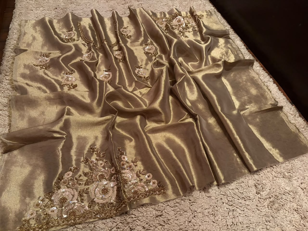 Premium Pure Kanchipuram Zari Tissue Silk Saree with Heavy Sequins & Cut Dana Handwork