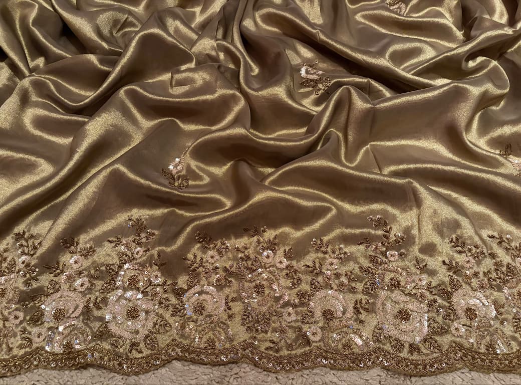 Premium Pure Kanchipuram Zari Tissue Silk Saree with Heavy Sequins & Cut Dana Handwork