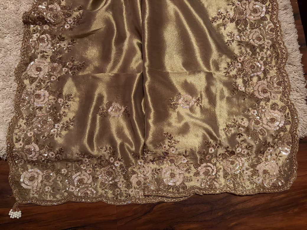Premium Pure Kanchipuram Zari Tissue Silk Saree with Heavy Sequins & Cut Dana Handwork
