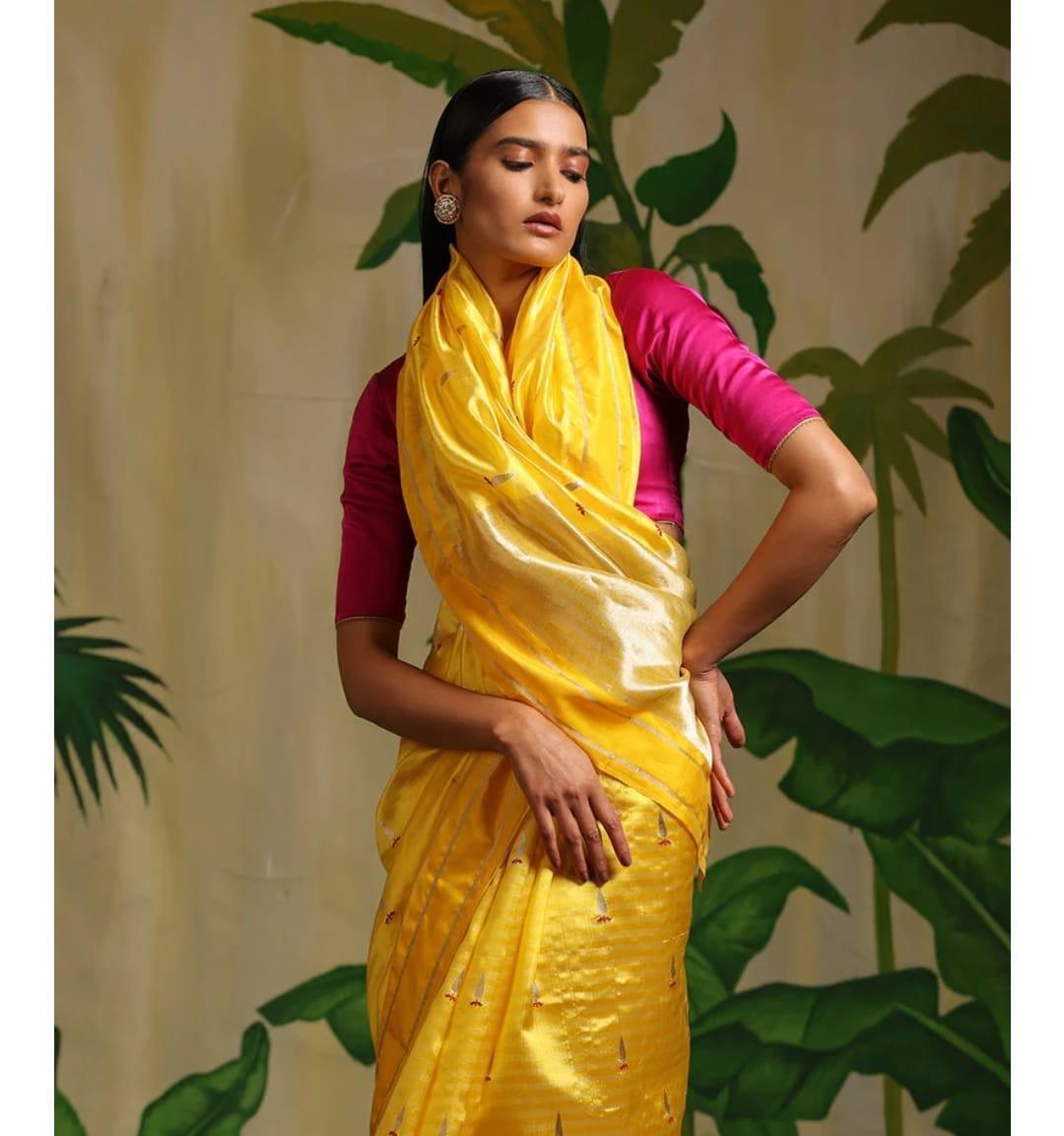 Yellow Premium Chanderi Pattu Silk Saree with Elegant Resham Border