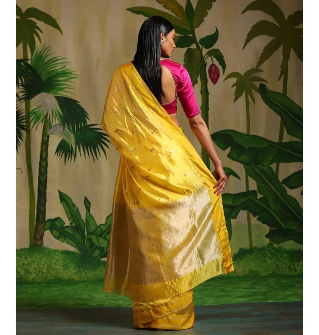 Yellow Premium Chanderi Pattu Silk Saree with Elegant Resham Border