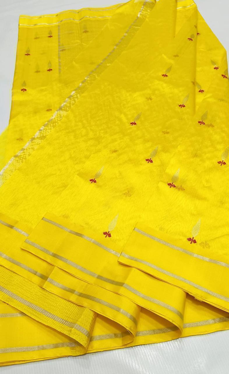 Yellow Premium Chanderi Pattu Silk Saree with Elegant Resham Border