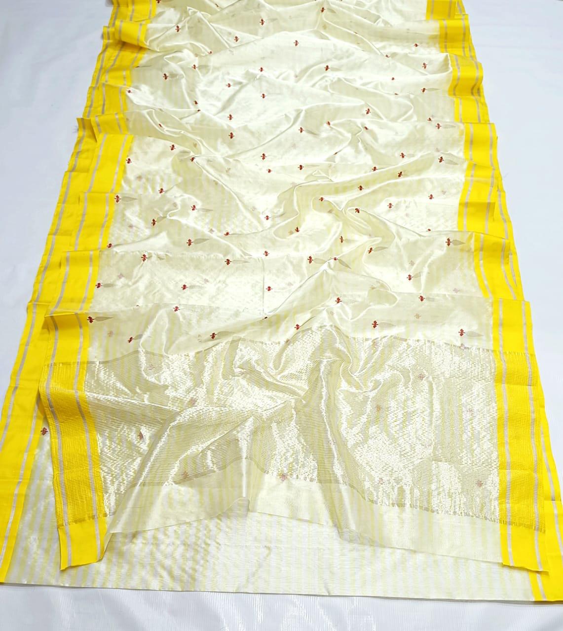 White Premium Chanderi Pattu Silk Saree with Elegant Resham Border
