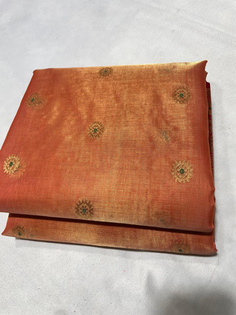 Premium Katan Tissue Silk Chanderi Saree with Zari Buti & Rich Contrast Woven Border