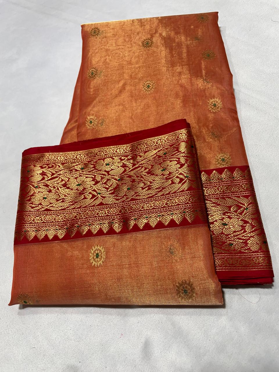 Premium Katan Tissue Silk Chanderi Saree with Zari Buti & Rich Contrast Woven Border