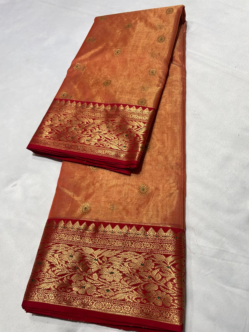 Premium Katan Tissue Silk Chanderi Saree with Zari Buti & Rich Contrast Woven Border