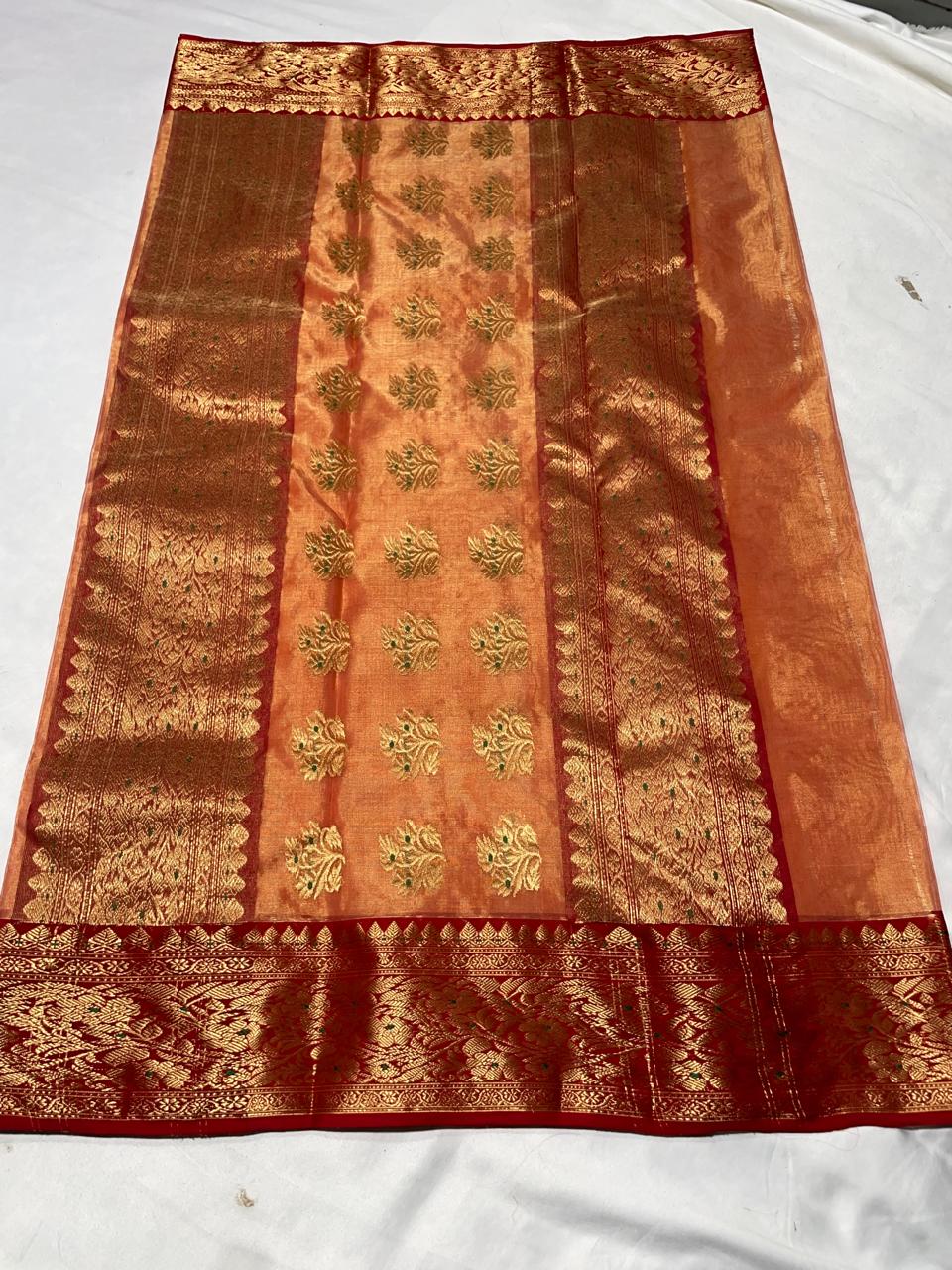 Premium Katan Tissue Silk Chanderi Saree with Zari Buti & Rich Contrast Woven Border