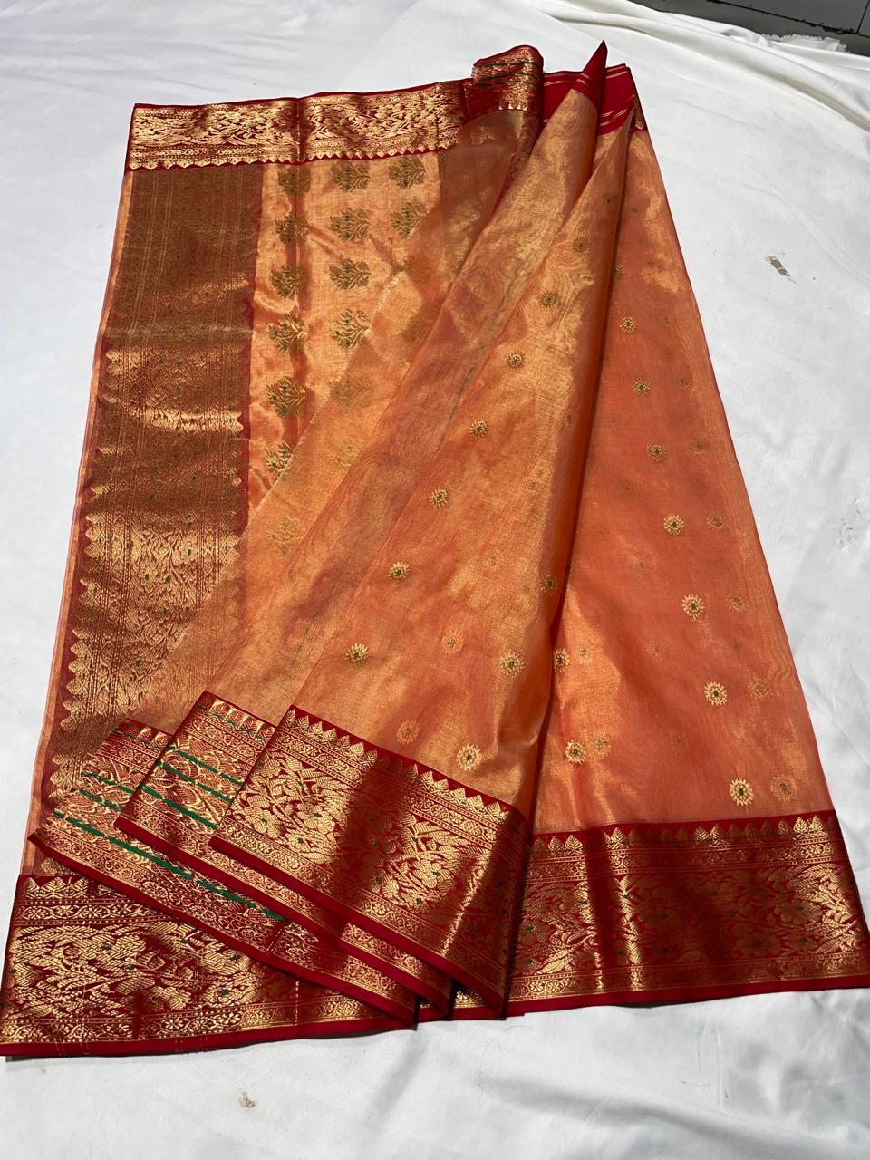 Premium Katan Tissue Silk Chanderi Saree with Zari Buti & Rich Contrast Woven Border