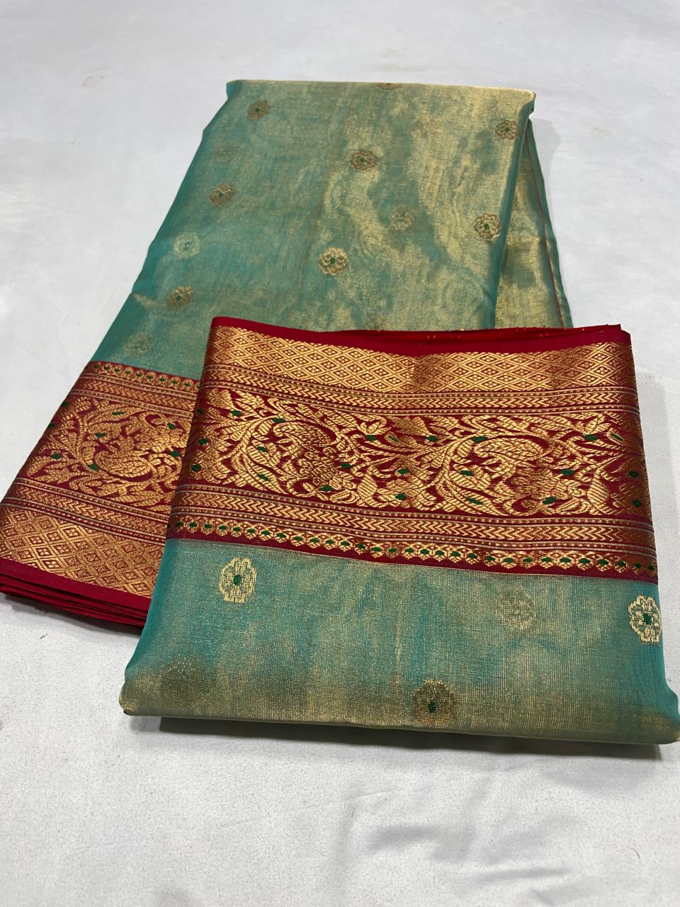 Premium Aqua Blue Katan Tissue Silk Chanderi Saree with Zari Buti & Rich Contrast Woven Border