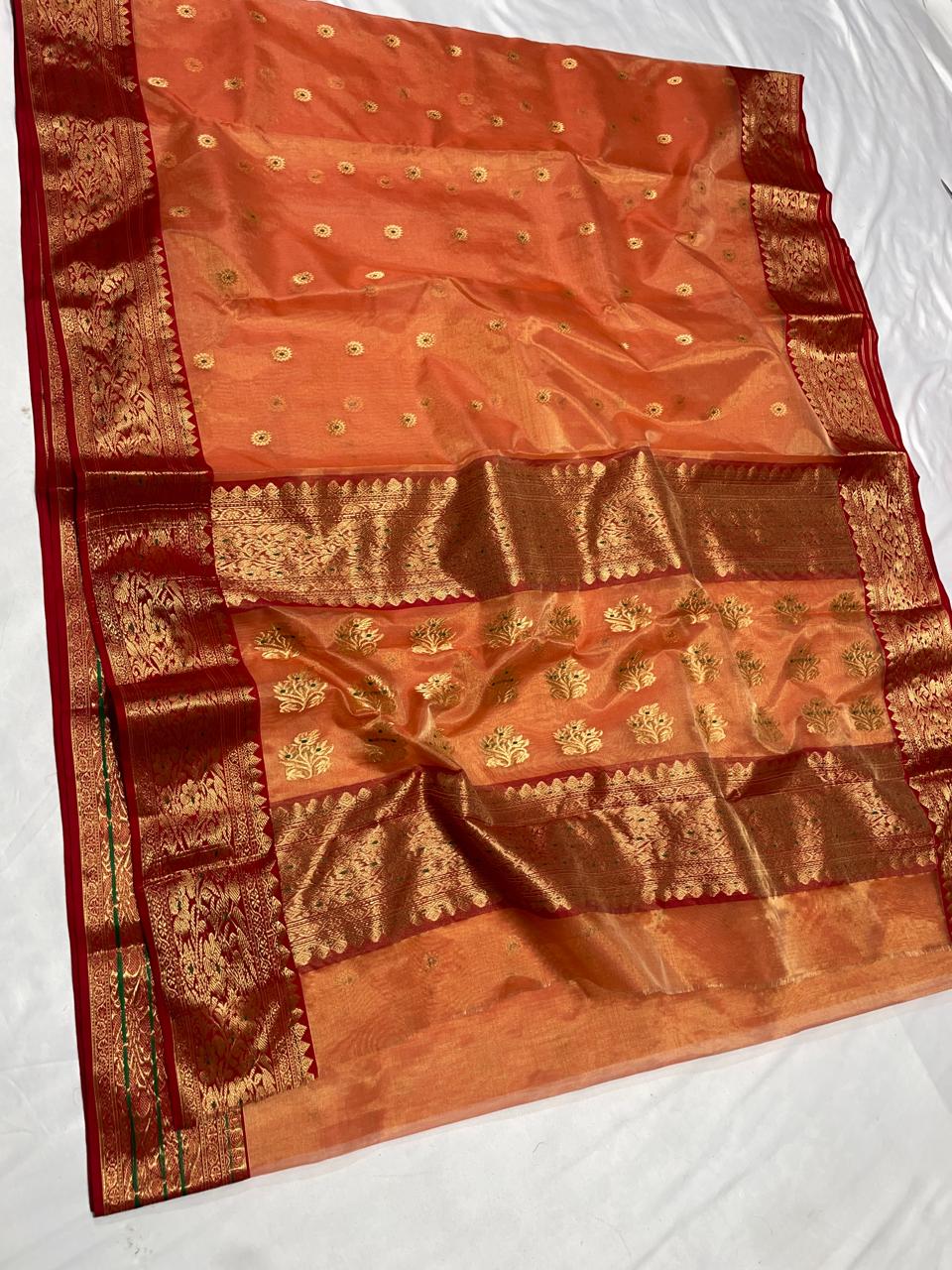 Premium Katan Tissue Silk Chanderi Saree with Zari Buti & Rich Contrast Woven Border