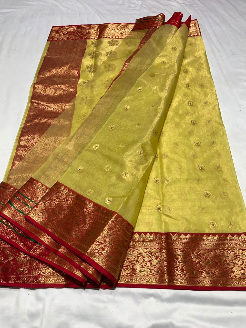 Premium Katan Tissue Silk Chanderi Saree with Zari Buti & Rich Woven Border