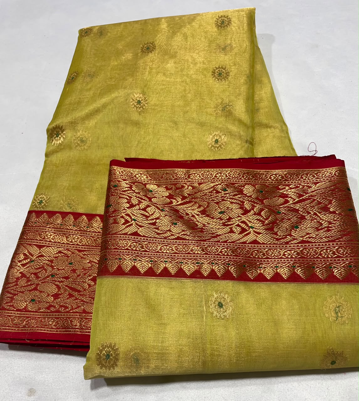 Premium Katan Tissue Silk Chanderi Saree with Zari Buti & Rich Woven Border