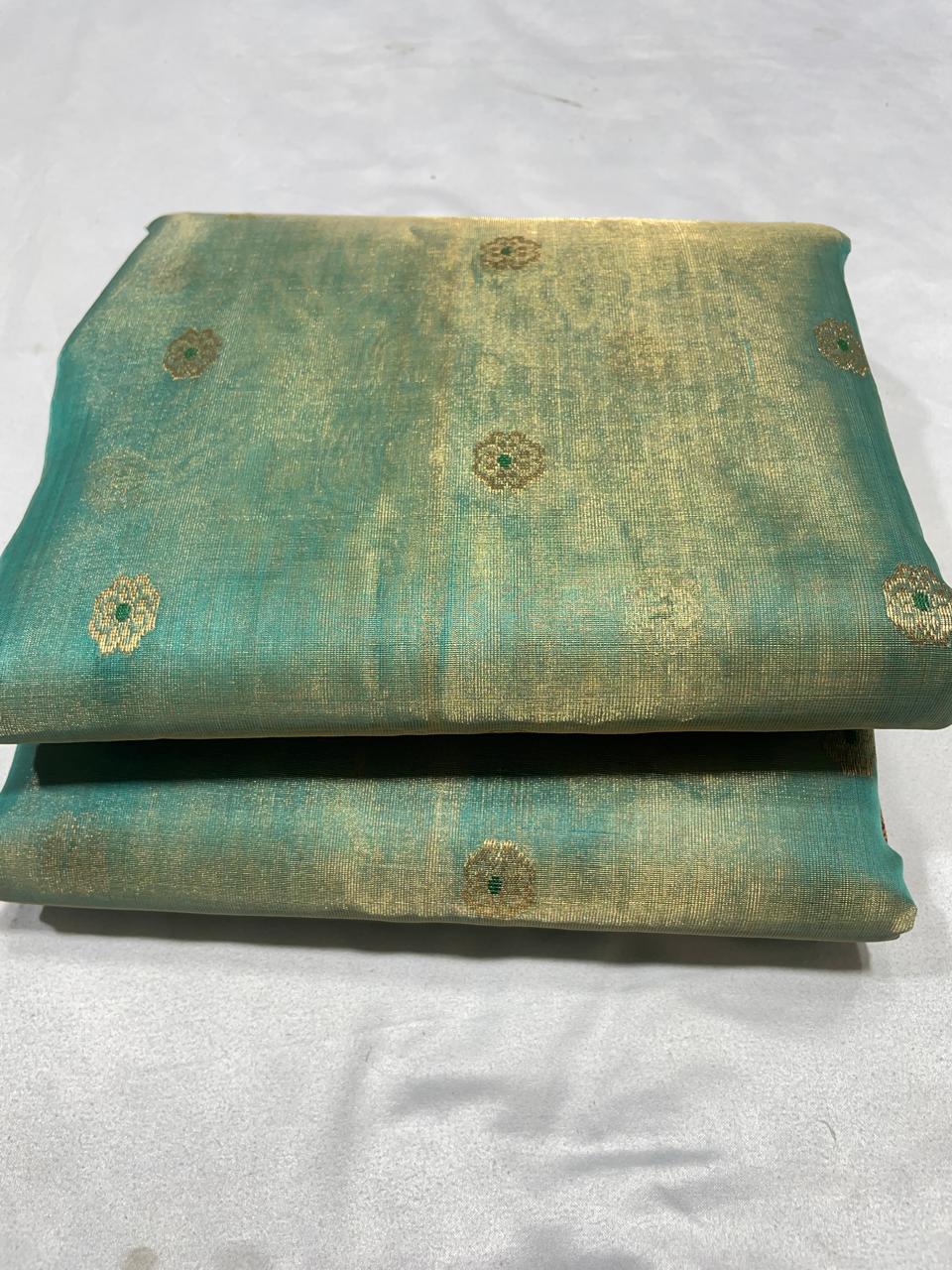 Premium Aqua Blue Katan Tissue Silk Chanderi Saree with Zari Buti & Rich Contrast Woven Border