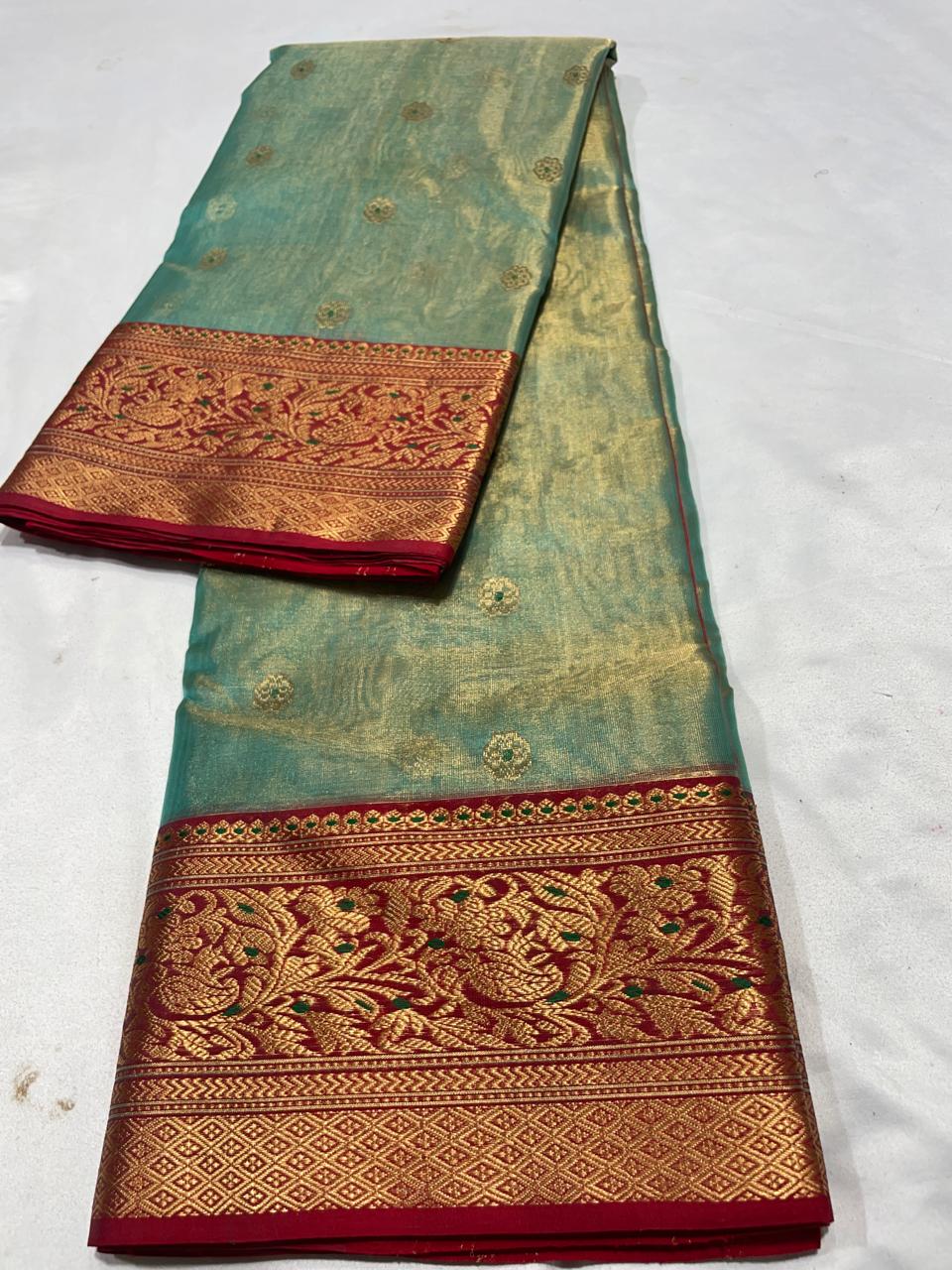 Premium Aqua Blue Katan Tissue Silk Chanderi Saree with Zari Buti & Rich Contrast Woven Border