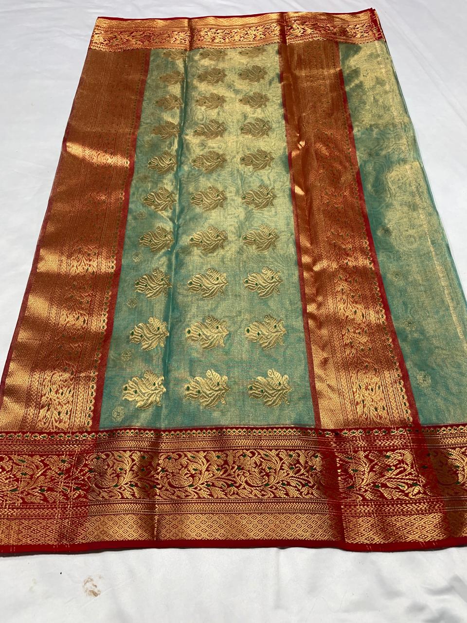 Premium Aqua Blue Katan Tissue Silk Chanderi Saree with Zari Buti & Rich Contrast Woven Border