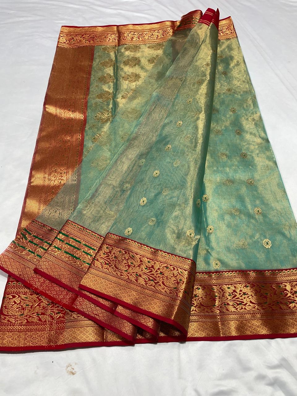 Premium Aqua Blue Katan Tissue Silk Chanderi Saree with Zari Buti & Rich Contrast Woven Border