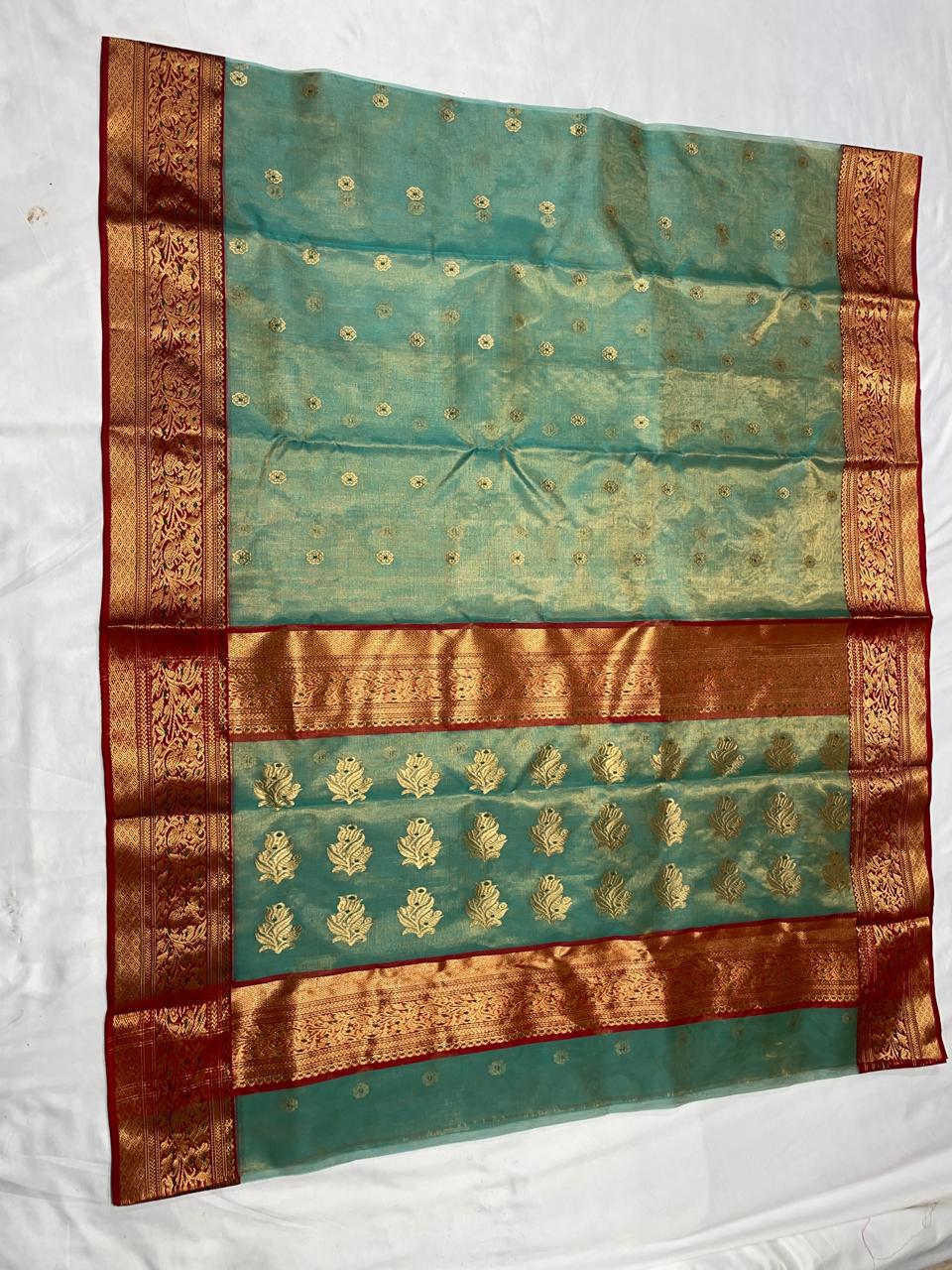 Premium Aqua Blue Katan Tissue Silk Chanderi Saree with Zari Buti & Rich Contrast Woven Border
