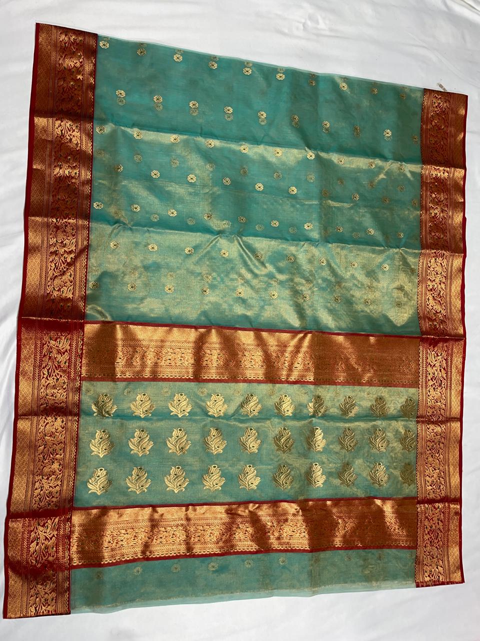 Premium Aqua Blue Katan Tissue Silk Chanderi Saree with Zari Buti & Rich Contrast Woven Border