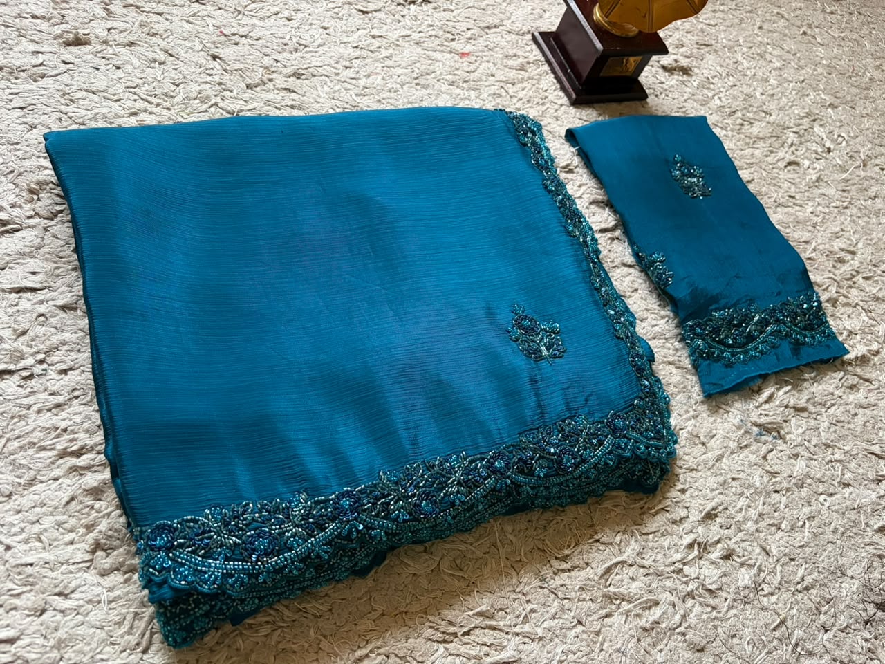 Teal Blue Designer Premium Edition Pure Chinnon Satin Silk Saree with Pearl Sequins & Cut Daana Handwork