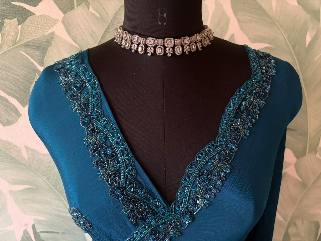 Teal Blue Designer Premium Edition Pure Chinnon Satin Silk Saree with Pearl Sequins & Cut Daana Handwork
