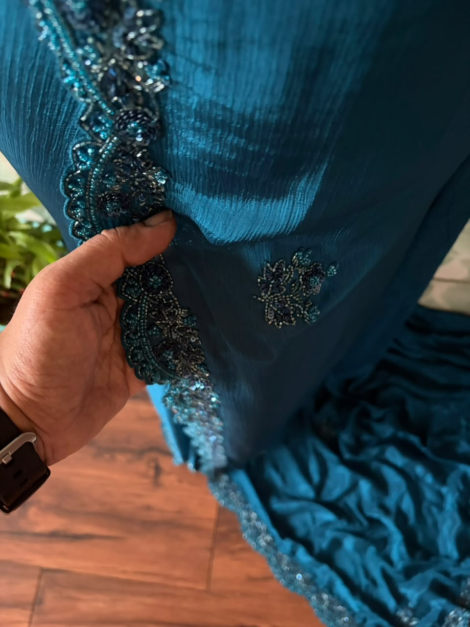 Teal Blue Designer Premium Edition Pure Chinnon Satin Silk Saree with Pearl Sequins & Cut Daana Handwork