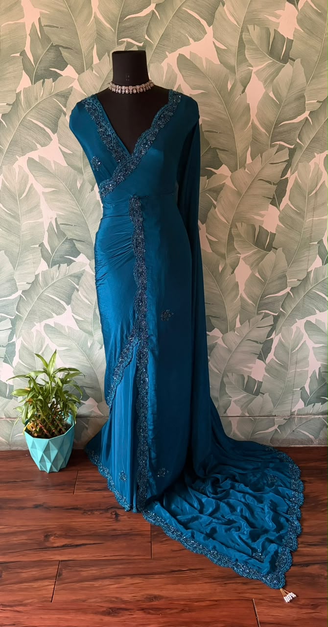 Teal Blue Designer Premium Edition Pure Chinnon Satin Silk Saree with Pearl Sequins & Cut Daana Handwork